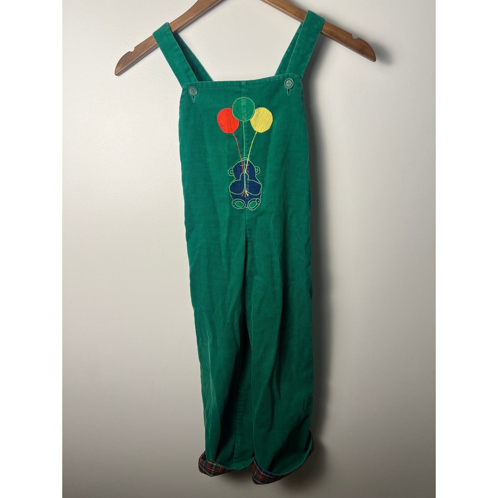 VTG Homemade Corduroy Overalls Boys 4T Green Teddy Bear Balloons Plaid Cuffs Y2K